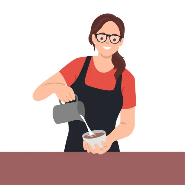 Vector illustration of Smiling barista woman serving coffee pour milkin a coffee cup