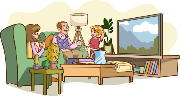 テレビを見ている家族ベクターイラスト - home interior entertainment sofa men点のイラスト素材／クリップアート素材／マンガ素材／アイコン素材