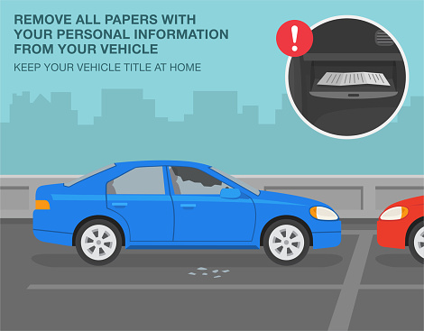 Car theft safety tips. Remove all papers with personal information from your vehicle. Smashed car side window. Flat vector illustration template.