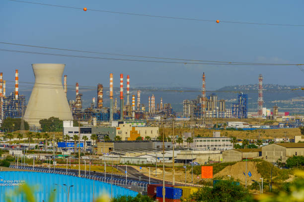 Haifa, Israel - May 06, 2023: View of the refineries and the surrounding petrochemical industrial area, in Haifa, Israel