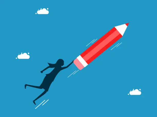 Vector illustration of Independent business idea. woman flies with a pencil