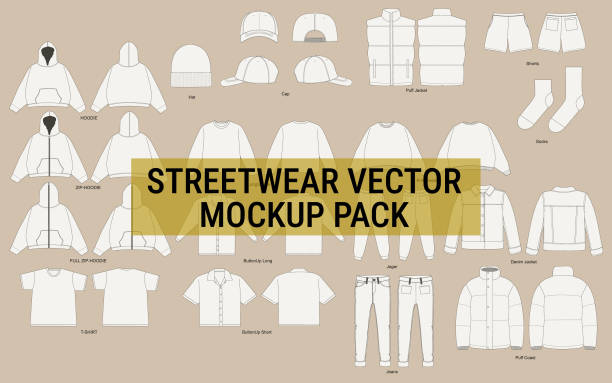 Streetwear Vector Mockup Pack Vector Apparel Mockup Collection Fashion Illustrator Vector Tech Pack. Sock shorts hat tee shirt work jacket pant vector illustration set. CAD mockup Set. Streetwear Vector Mockup Pack Vector Apparel Mockup Collection Fashion Illustrator Vector Tech Pack. Sock shorts hat tee shirt work jacket pant vector illustration set. CAD mockup Set. hooded-shirt stock illustrations