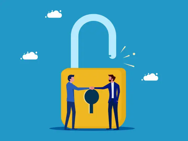 Vector illustration of Cooperation unlocks business. Businessmen shaking hands to unlock the padlock