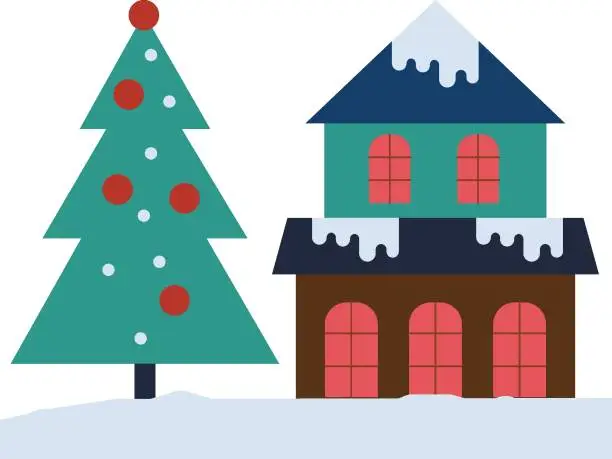 Vector illustration of A Christmas tree stands outside the house.