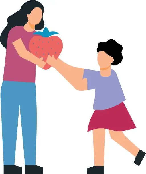Vector illustration of Mother gives strawberry to daughter.
