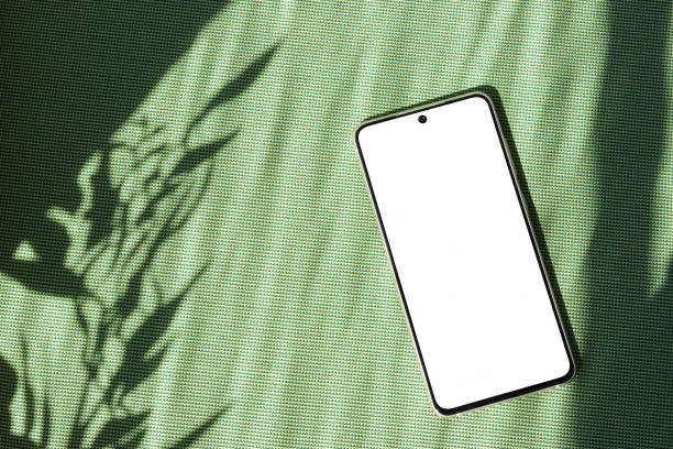istock Mobile phone with empty screen mock up on green textile background with aesthetic floral sun light shadow, minimal spring summer branding template, copy space 1489050026