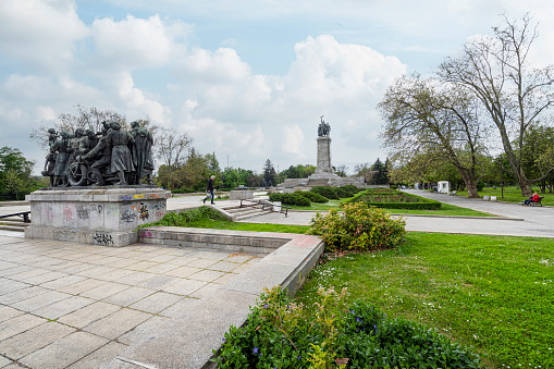 Sofia, Bulgaria. May 2023. Panoramic view of the  Monument to the Soviet Army in a park of the city center