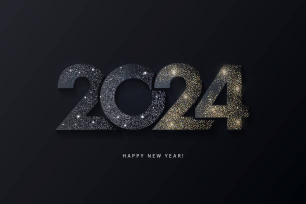 밤하늘 배경에 반짝이는 검은색과 금색 숫자로 만든 2024년 로고가 있는 새해 복 많이 받으세요. 브랜딩, 배너, 표지, 카드를 위한 최소한의 트렌디한 배경 - happy new year 2024 stock illustrations