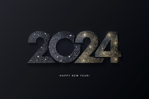 Happy New Year modern design with 2024 logo made of glittering black and gold numbers on night sky background. Minimalistic trendy background for branding, banner, cover, card
