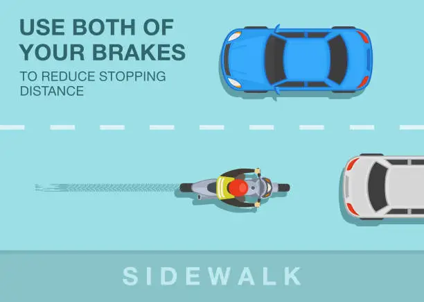 Vector illustration of Safety motorcycle driving rules and tips. Use both your brakes to reduce stopping distance. Top view of a bike rider on road.