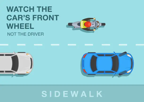 Vector illustration of Safe motorcycle riding rules and tips. Watch the car's front wheel, not the driver. Top view of a bike rider on road.