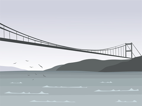 Vector urban illustration with sea and a bridge