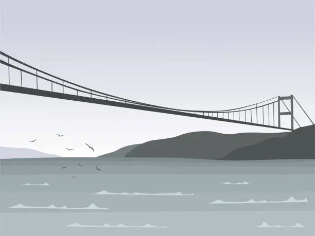 Vector illustration of Sea landscape with a bridge