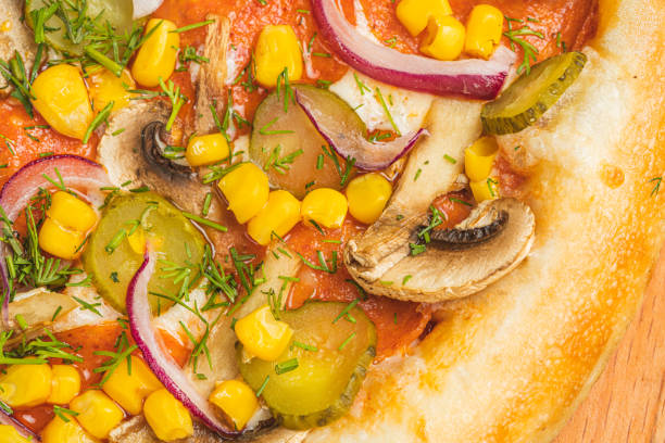 Food textures top view, close-up. Pizza close-up