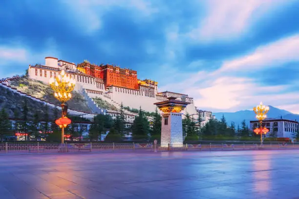 Night View of Potala Palace and Plaza in Lhasa, Tibet, China on June 19, 2022