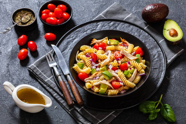 istock Chicken Pasta Salad with Avocado, Tomato in bowl 1489057736