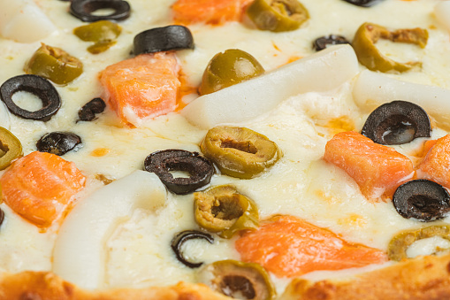 Food textures top view, close-up. Pizza close-up