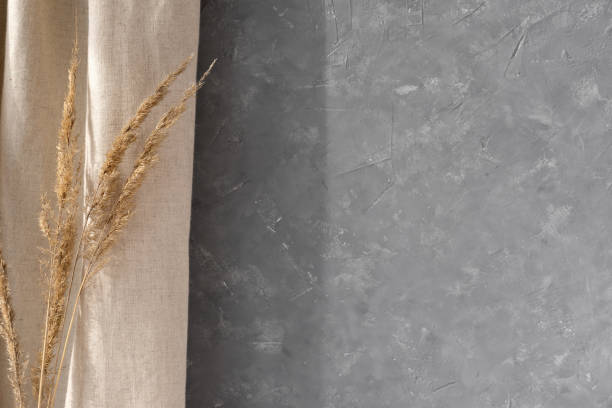 Empty gray concrete wall, beige linen curtain, dried grass with sun light shadow, aesthetic natural interior background in neutral colors, sustainable design concept, copy space