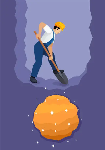 Vector illustration of Worker digging to find gold. Man digging hole on the ground with a shovel.
