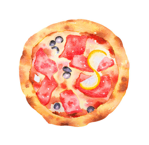 ilustrações, clipart, desenhos animados e ícones de pizza com fatia de atum. aquarela desenhada à mão - pizza tuna prepared fish cheese