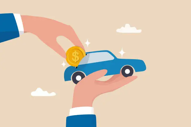 Vector illustration of Car leasing or car loan, borrow money to buy new car, rental or auto maintenance cost, debt, purchase or buy new vehicle concept, businessman hand owner put dollar money coin into new car.