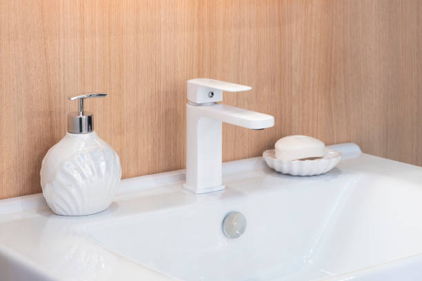 istock Washbasin with faucet  in minimalist modern bathroom, bathroom interior 1489066916