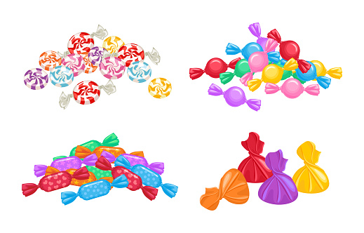 Set of heaps of candies in colorful wrappers. Vector illustration of bright sweets.