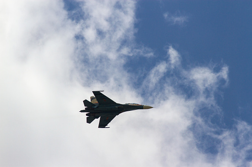 Binh Dinh, Vietnam - March 10, 2021 : A Sukhoi Su-27 Aircraft Of Vietnam People's Air Force In The Sky.