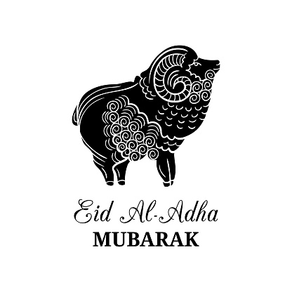 Eid al Adha Mubarak festive poster, calligraphy translated into English as Feast of the Sacrifice, vector hand drawn Muslim holiday symbol of sheep