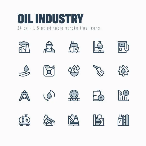 Vector illustration of Oil Industry Line Icon Set. Editable Stroke. Pixel Perfect.