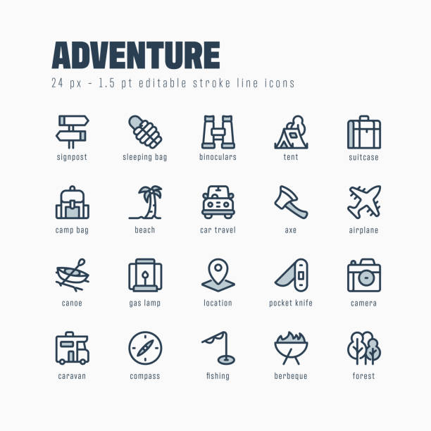 adventure line icon set. bearbeitbarer strich. pixel perfekt. - wandern icon grafiken stock-grafiken, -clipart, -cartoons und -symbole