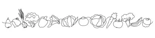 Vector illustration of Vegetables doodle border frame. Continuous line drawing.