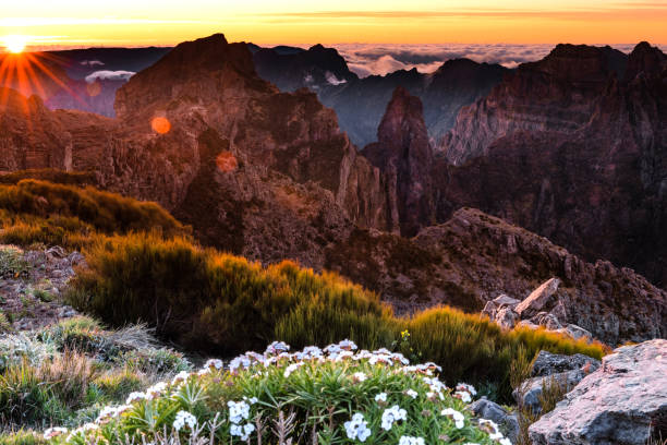 Sunset view over Maderia Pico Ruivo, mountains landscape and nature scenic view. stock photo