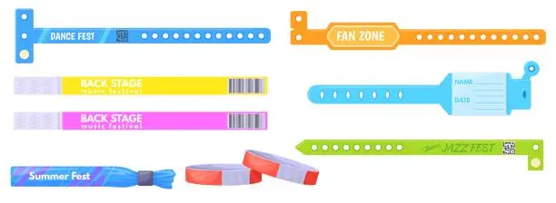 Vector illustration of Plastic bracelets. Bracelet vip entry to backstage party, concert festival event access, wristband entrance pass control