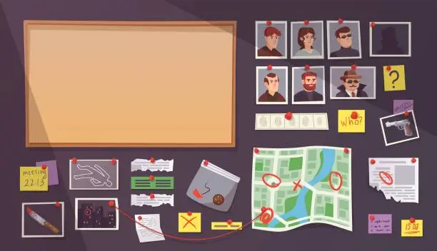 Vector illustration of Investigation wall. Detective board elements for clues search investigator game, evidence detection workplace with threads pin criminal photo map or crime plan, vector illustration