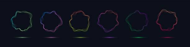 ilustrações de stock, clip art, desenhos animados e ícones de neon dynamic rings. radial audio waveform, gradient glow circle frames vibrant energy curves of cosmic light portal in dark, digital music innovation technology vector illustration - blurred motion audio