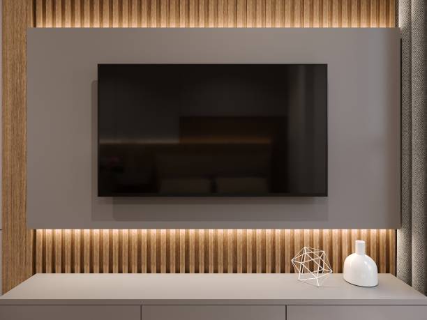 istock 3D rendering  of  low cabinet with TV on grey wall 1489073981