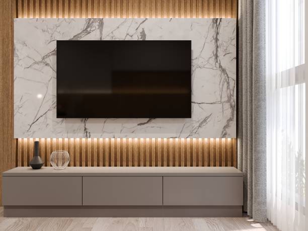 istock 3D rendering  of  low cabinet with TV on white marble wall 1489073983