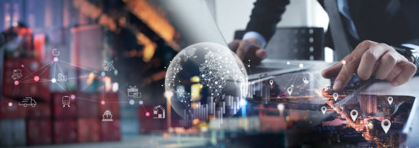 istock Smart logistics, global business and transportation technology management system concept, Businessman using tablet control delivery business network distribution import export with digital pin on target place 1489074419
