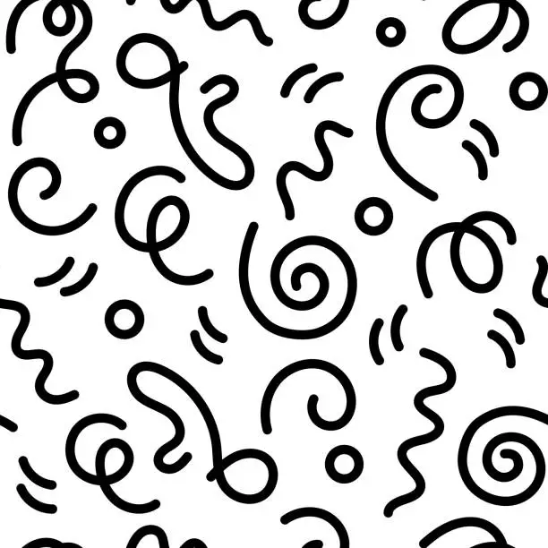 Vector illustration of Doodle 90s style seamless pattern on white background with kid squiggles, swirls and zigzag. Flat vector retro illustration