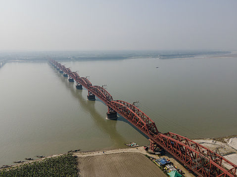 Aerial View of Hardinge Bridge is a steel railway truss bridge in Bangladesh. Hardinge Bridge, Ishwardi, Pabna.