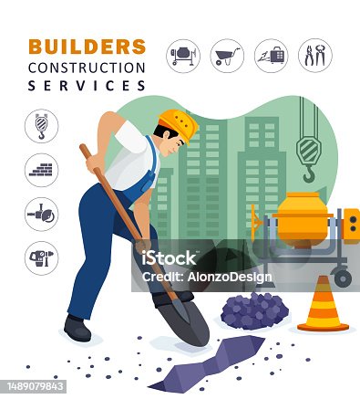 istock Worker digging a hole on the ground with a shovel. Construction Worker at a construction site. Construction tools and materials. 1489079843