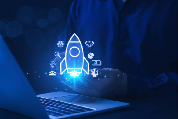 istock Businessman with transparent icon rocket launching and flying with icon 1489080689