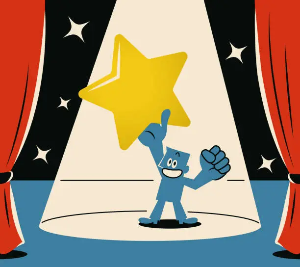 Vector illustration of A smiling blue man holding the golden star aloft on stage with a spotlight