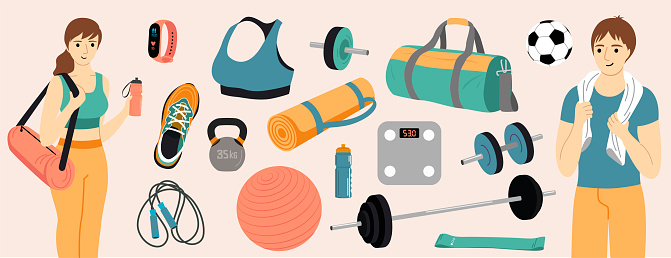 Set of sports equipment and sportswear. Vector illustration of sports equipment, guy and girl. Image for sports design, stickers, web design elements, cards, banners