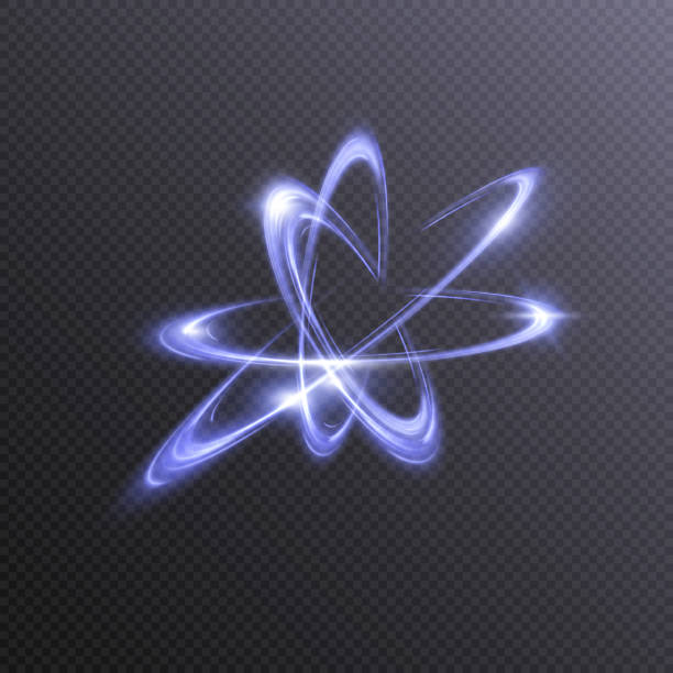 Atom particle light effect. Atom particle light effect. Atom structure science sign. Gradient atom vector model. nuclear fission stock illustrations