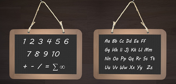 Numbers and Alphabet in lowercase and uppercase letters written on two hanging slates