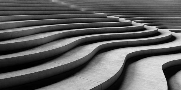 architectural design of curvilinear stairs. stair step concrete. abstract background. stairs rising up. 3d illustration. - symmetry black and white architecture contemporary imagens e fotografias de stock