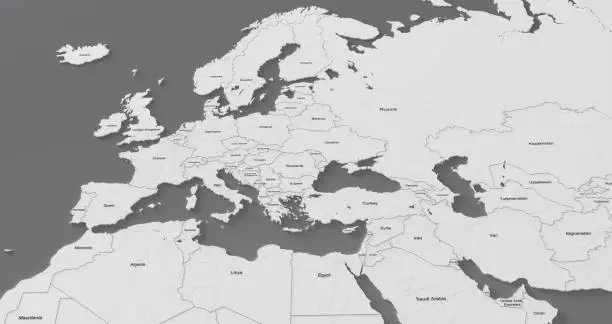 Photo of 3d map of Europe with borders on the gray background. Political map of Europe with names of the countries. North Africa and Middle East political map. 3D illustration.