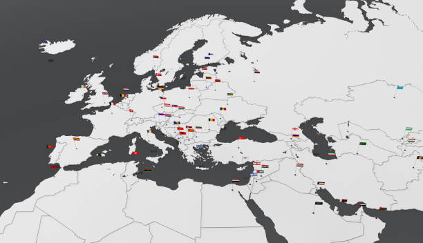 istock Europe map with countries flags. 3d map of Europe with borders on the gray background. 3d rendering 1489084895